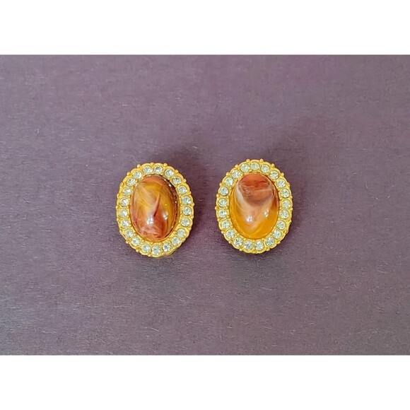 Vintage Clip On Oval Earrings Gold Tone Faux Agate Glass Rhinestone Made in USA - Picture 6 of 11